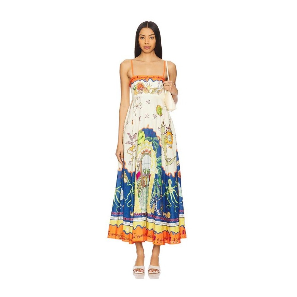Alemais Surrealist Summer Sundress Graphic Print Midi Dress Orange Blue US 10
